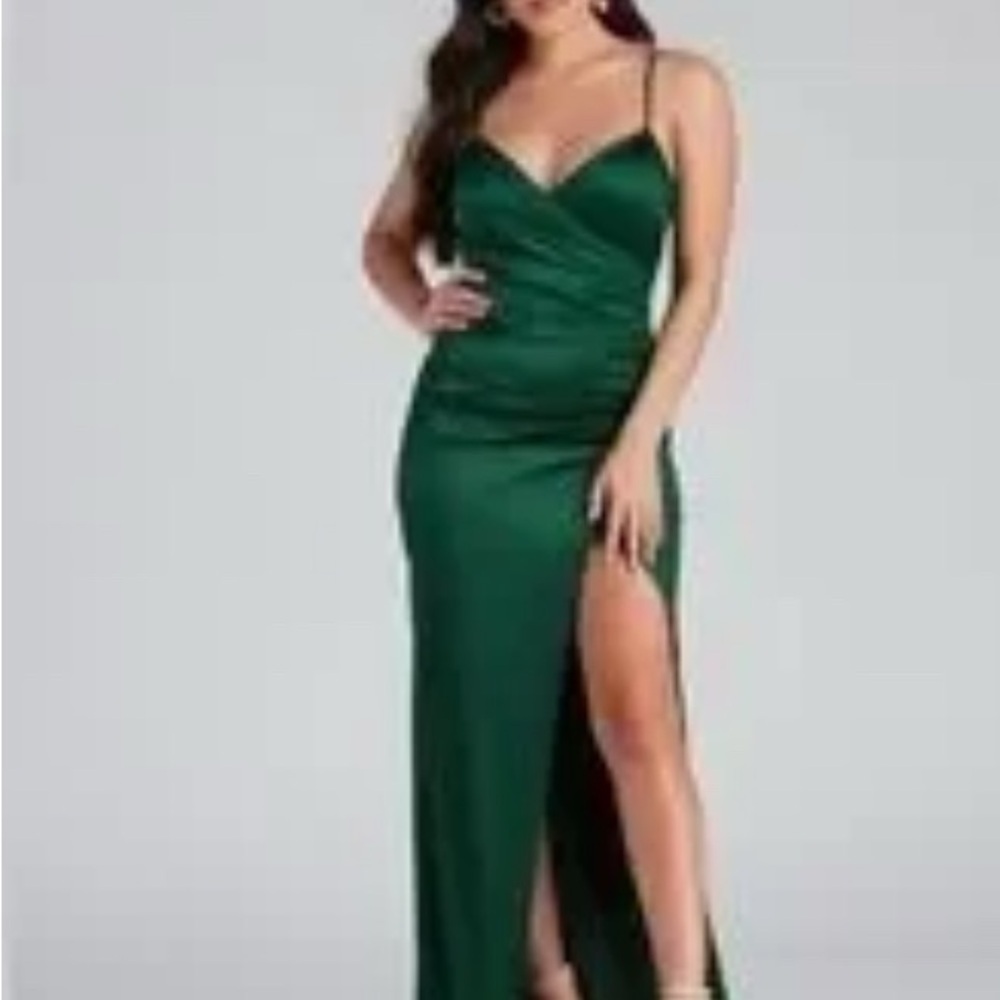 Windsor Emerald Green Satin Maxi Dress Side Slit Cowl Neck Formal Evening Gown M - Picture 2 of 9